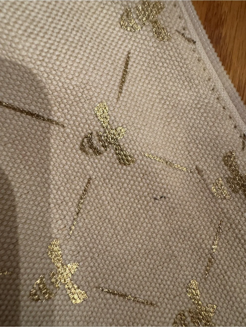 5/$30 Cream Cosmetic Pouch with Gold Bee Print